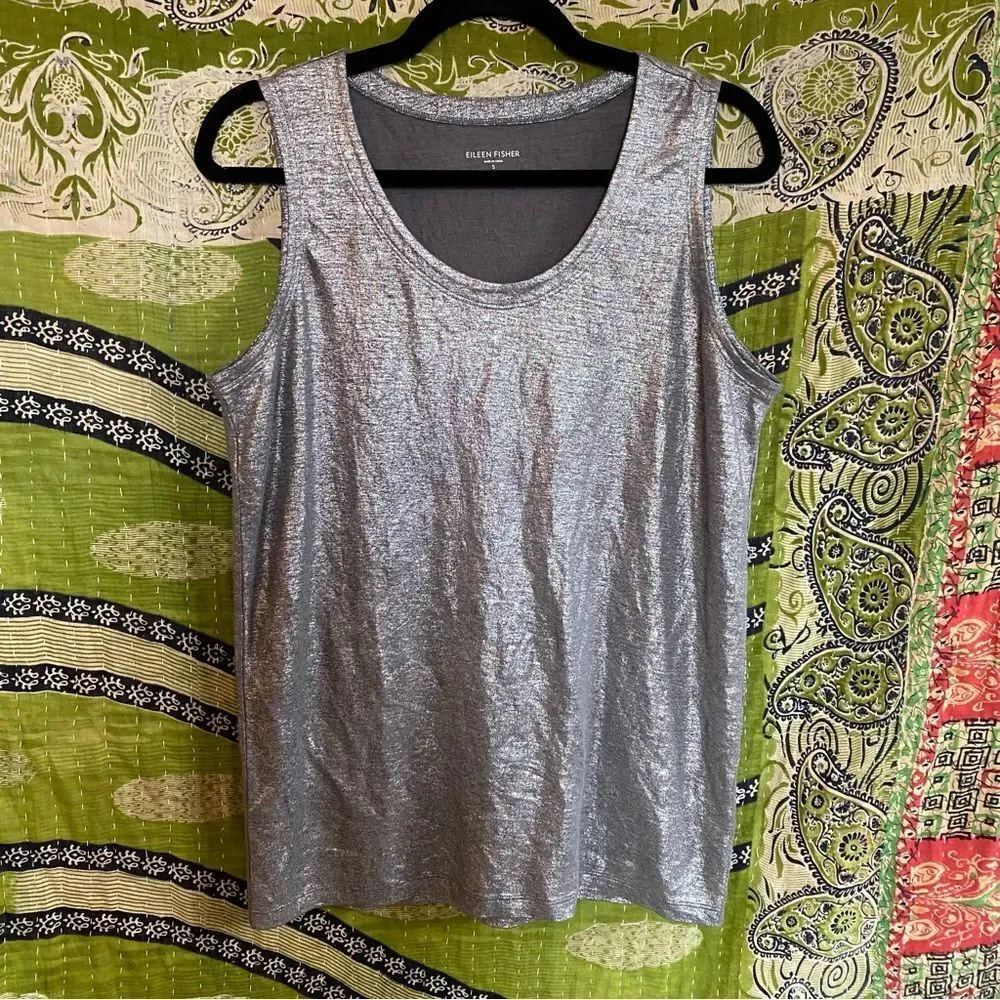 Eileen Fisher Ash Linen Jersey Shimmer Sleeveless Top Size Small - Picture 2 of 12
